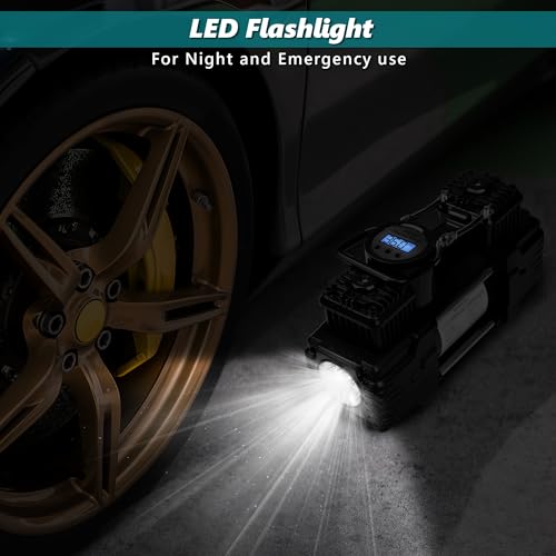 Dual Cylinder Portable Tire Inflator Air Compressor, 150 PSI 12V DC Air Pump with Digital Display, Emergency LED Light, Auto Shut-Off, Heavy Duty - color: Black