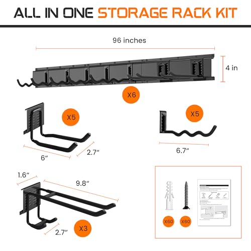 "96 Garage Tool Organizer Wall Mount - Heavy Duty 1020 lbs Metal Storage Rack, Easy Install Adjustable Hooks for Garden Tools Brooms - size: 96 Inch