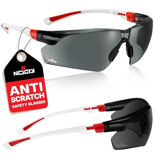 NoCry Safety Sunglasses with Green Tinted Wraparound Lenses; Tinted Safety Glasses for Men and Women with Adjustable Arms & No-Slip Grips; Work Glasses with UV 400 Protection; ANSI Z87.1 Rated - color: White & Red
