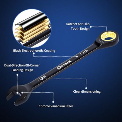 8PCS SAE Ratcheting Wrench Set, 72-Tooth Combination Wrench Set, 5/16"-3/4" | 5-Degree Swing Arc for Tight Spaces, CR-V Steel, Rust-Resistant Black Finish with Storage Organizer - size: SAE