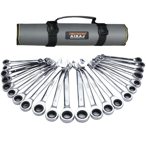 AIRAJ Combination Wrench Set,22-Piece Ratcheting Wrench Set,Long Open End,72-Tooth Ratchet Drive,CR-V Steel,Organizer With Tool Roll Bag,1/4"-3/4" & 6-18mm,SAE & Metric