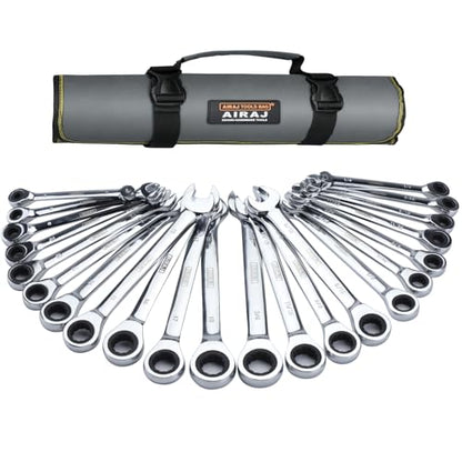 AIRAJ Combination Wrench Set,22-Piece Ratcheting Wrench Set,Long Open End,72-Tooth Ratchet Drive,CR-V Steel,Organizer With Tool Roll Bag,1/4"-3/4" & 6-18mm,SAE & Metric