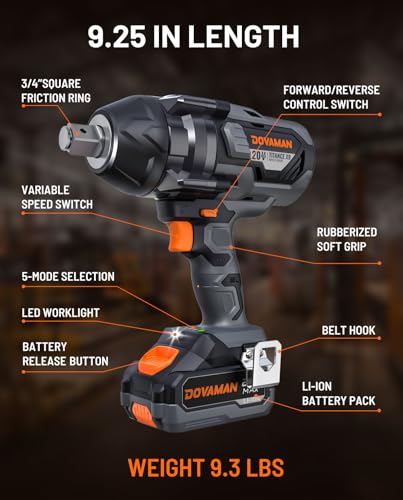Brushless Impact Wrench, 20V Cordless 3/4'' Impact Gun, 1650 Ft-lbs (2200 Nm) High Torque, 5 Modes, 4.0Ah Battery Powered Heavy-Duty Wrench for Lug Nuts, Truck, Tractor & Industrial Use-TITANCE X9
