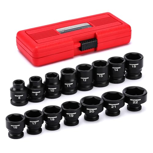 MIXPOWER 15-Piece 3/8" Drive Stubby Impact Socket,CR-MO,8-22mm,6-Point,Metric,Radius Corner Design, Axle Nut Impact Grade Socket for Easy Removal - size: 3/8" Drive / Metric Set