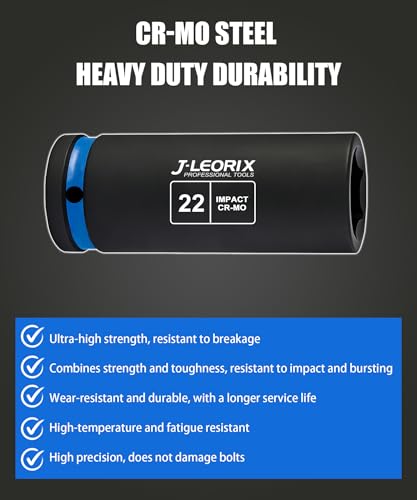 22mm Deep Impact Socket 1/2" Drive CR-MO Steel 6-Point | CR-MO steel impact socket set. 1/2" drive, 6-point design. Deep reach for lug nuts & axle nuts. - size: 22mm