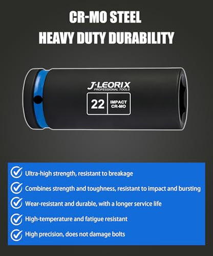 22mm Deep Impact Socket 1/2" Drive CR-MO Steel 6-Point | CR-MO steel impact socket set. 1/2" drive, 6-point design. Deep reach for lug nuts & axle nuts. - size: 22mm