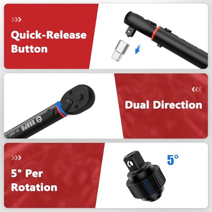 VANPO Torque Wrench 3/8-Inch Drive, 10-100 ft-lb, for Motorcycle | ±3% Precision, Calibration, Click Style, TPR+ABS Handle, Dual Direction, Dual Direction, for Spark plugs, Brake & Lug nuts - size: 10-100 ft-lb