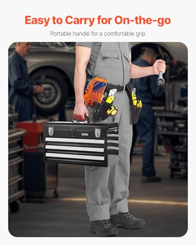 VEVOR Metal Tool Box, 20.5-inch, Portable Metal Tool Box with 3 Drawers, Small Tool Chest with EVA Liners, Ball Bearing Slide Drawers Locking & Powder Coated Finish, Multi-Function Tool Organizer - size: 3 Drawers-Black