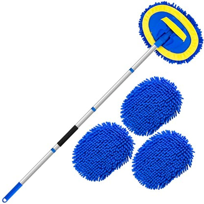 Car Wash Brush with Long Handle - 62" Car Wash Kit with Chenille Microfiber Cleaning Brush, Car Washing Mop with 3 Replacement Mitts, Scratch-Free Scrub Washer Wand for Vehicles, RV, Truck Blue - color: Blue