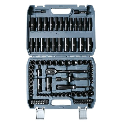 110-Piece Metric 3/8" Drive Impact Socket Set and SAE CR-V Sockets | with Ratchet Handle, Extension Bars, and Carrying Case
