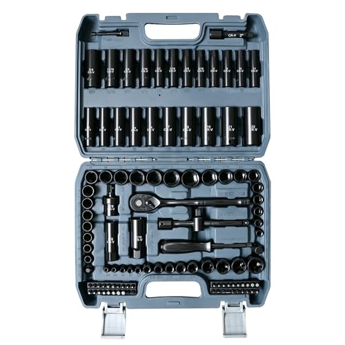 110-Piece Metric 3/8" Drive Impact Socket Set and SAE CR-V Sockets | with Ratchet Handle, Extension Bars, and Carrying Case