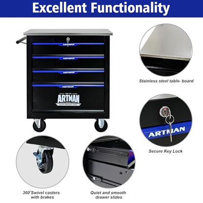 4 Drawer Heavy Duty Rolling Tool Chest, Mobile Metal Lockable Tool Cart with Stainless Steel Worktop, Garage Tool Storage Cabinet for Workshop Auto Repair, Black & Blue, 30.7" H × 25.9" W - size: 4 Drawers