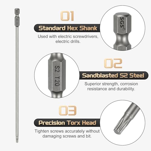 HARFINGTON 5pcs T20 Torx Head Screwdriver Bit 1/4" Hex Shank 8" (200mm) Long Magnetic No Hole Tip Tamper Proof 6 Point Star Screw Driver Drill Bits S2 Steel Industrial Power Screwdrivers - size: T20 x 8"(200mm)
