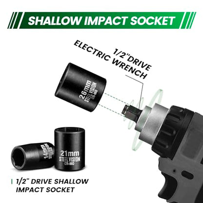 Steel Vision Tools 14-Piece 1/2" Drive Metric Shallow Impact Socket Set, CR-MO Steel 6-Point Standard Metric Sockets, 10-27mm, Heavy Duty Impact Wrench Socket Set for Automotive Repair - style: 1/2"_Metric_Shallow