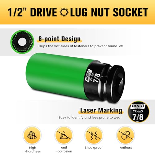 BOEN 1/2" Drive 7/8" Wheel Protector Impact Socket, Non-Marring Lug Nut Thin Wall Deep Socket Set, Chrome-Molybdenum Steel, 6 Point, Color-Coded Protective Socket - size: 7/8