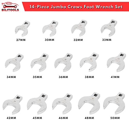 BILITOOLS 14-Piece Jumbo Crows Foot Wrench Set and Long Flex Head Crows Foot Line Wrench Set