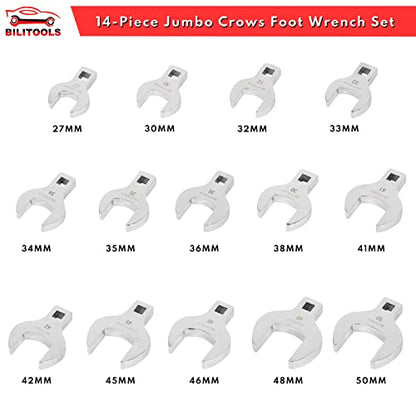 BILITOOLS 14-Piece Jumbo Crows Foot Wrench Set and Long Flex Head Crows Foot Line Wrench Set