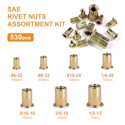 Trivd Frol Rivet Nut Tool Kit, 830pcs SAE/Metric Rivet Nut Assortment Kit #6-32, #8-32, #10-24, 1/4-20, 5/16-18, 3/8-16, 1/2-13, w Galvanized Carbon Steel Flat Head Threaded Insert Nuts (SAE - 830pcs) - size: SAE - 830 pcs