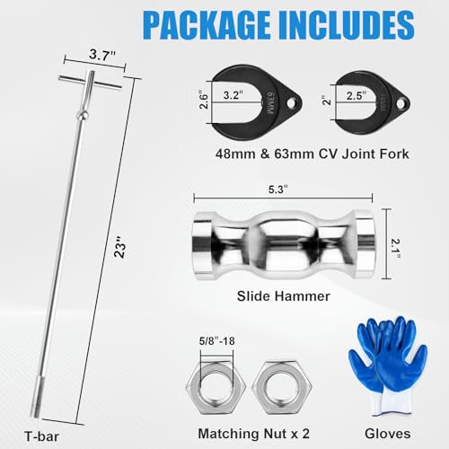 Clatoon Inner CV Axle Puller Tool with 5/8"-18 Slide Hammer | Axle Removal Tool with 63mm 48mm CV Joint Fork Adapter, Puller Set for Front Wheel Drive Bearing Joint Extraction