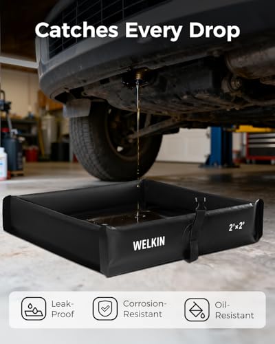 WELKIN Spill Containment Berm, Folding Duck Pond, Portable Secondary Containment Tray, for Oil Changes and Under Drip Protection (Black, 2' x 2')