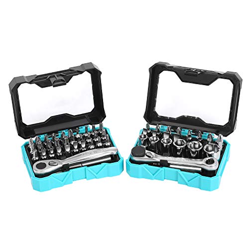 DURATECH 56-Piece 1/4" Mini Ratchet Wrench and Screwdriver Bit Set, 2-in-1, 72-Tooth and 60-Tooth with Bit Socket Set, Storage Cases Included