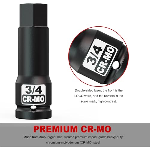 1/2" Drive H3/4-Inch Impact Hex Bit Socket, SAE Allen Bit Socket, Cr-Mo Steel, Removing Loosening Hexagon Bolts - size: 1/2" H3/4 Deep