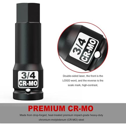 1/2" Drive H3/4-Inch Impact Hex Bit Socket, SAE Allen Bit Socket, Cr-Mo Steel, Removing Loosening Hexagon Bolts - size: 1/2" H3/4 Deep