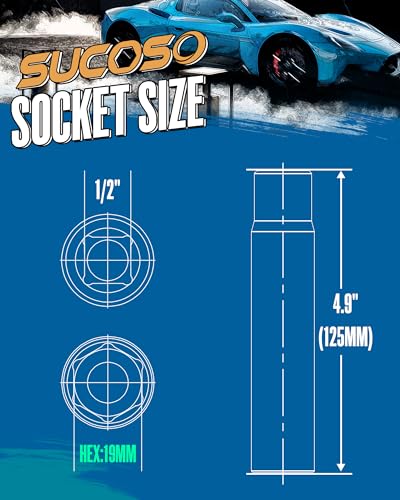 SUCOSO Spike Lug Nuts Socket Key, Stripped Lugnut Remover with 5" Length | 19mm Hex Universal Drive Spike Lugnuts Socket Tool, Fit for 14x1.5,14x2.0,9/16-18,1/2-20,12x1.5,12x1.25 Spiked Lug Nut