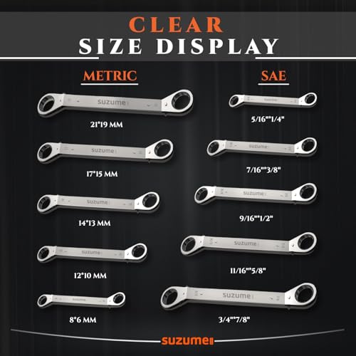 SUZUME Offset Ratcheting Wrench Set, 10-Piece Metric & SAE (6–21mm, 1/4″–7/8″) Double Offset Reversible Box End, 25° for Tight Engine Bay Repairs, Rolling Pouch - size: SAE & Metric