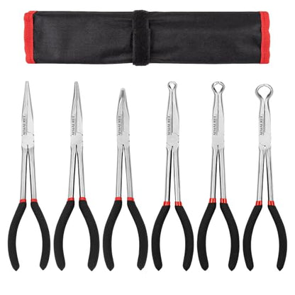 11" Extended Needle Nose Pliers Set, 6-Piece Hose Grip Pliers with Bent & Straight Jaws, Carbon Steel for Tight Spaces