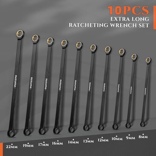 SUZUME 10-Piece Extra Long Ratcheting Wrench Set Metric 8–22mm 72 teeth Cr-V Steel Double Box End For Tight Engine Bays Suspension Work Automotive Repairs with EVA Foam Organizer and Rolling Pouch - size: 10-Piece