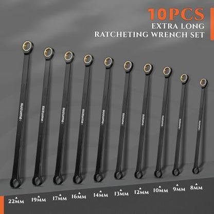 SUZUME 10-Piece Extra Long Ratcheting Wrench Set Metric 8–22mm 72 teeth Cr-V Steel Double Box End For Tight Engine Bays Suspension Work Automotive Repairs with EVA Foam Organizer and Rolling Pouch - size: 10-Piece
