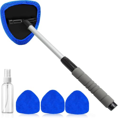 Windshield Cleaning Tool with Extendable Handle, Car Interior Window Cleaner Kit with 4 Reusable Microfiber Pads, Inside Windshield Cleaner for Auto & Home Glass - color: Blue