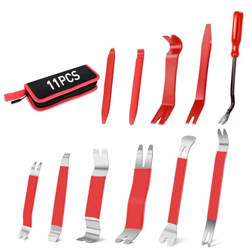 GOOACC 11PCS Trim Removal Tool Kit, Metal & Nylon Pry Tools Set for Car Door Panel, Dashboard, Audio, Clips, Fastener Remover w/Storage Box – Red - color: Red, size: 11Pcs