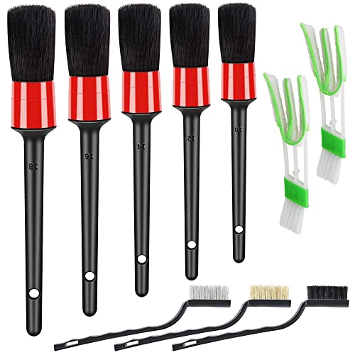 HMPLL 10pcs Auto Car Detailing Brush Set Car Interior Cleaning Kit | Includes 5 Boar Hair Detail Brush,3 Wire Brush, 2 Air Vent Brush for Cleaning Car Interior Exterior, Dashboard Leather Wheel - color: Red
