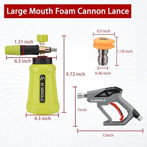 M MINGLE High Pressure Washer Gun Snow Foam Lance, 4000 PSI Cannon Foam Blaster Power Washer with 1/4" Quick Connector, Car Wash Foam Cannon Kit with 5 Pressure Washer Nozzle Tips, 1 Liter - color: yellow