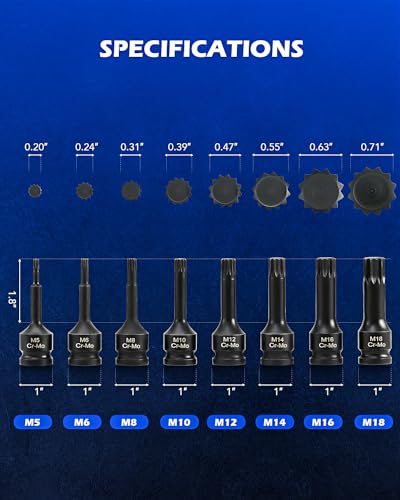 Orion Motor Tech XZN Triple Square Spline Bit Sockets, 8pc 1/2" Drive Impact Triple Square Bit Socket Set with Metric M5 M6 M8 M10 M12 M14 M16 M18 Socket Adapters, Cr-Mo Steel, Storage Case - style: XZN Triple Square Spline Bit Socket Set