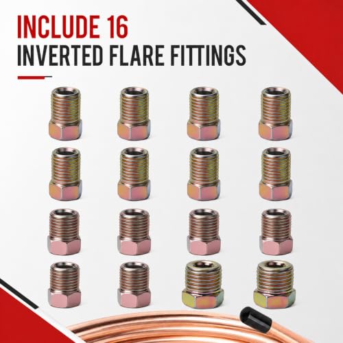 Joyzeal 25ft 3/16" Copper Brake Line Kit, 16 Fittings & Flaring Tool | Corrosion Resistant, Hand-Bendable, 4 Unions, Double & Single Flare, Fits Most Cars Trucks SUVs - size: 3/16''
