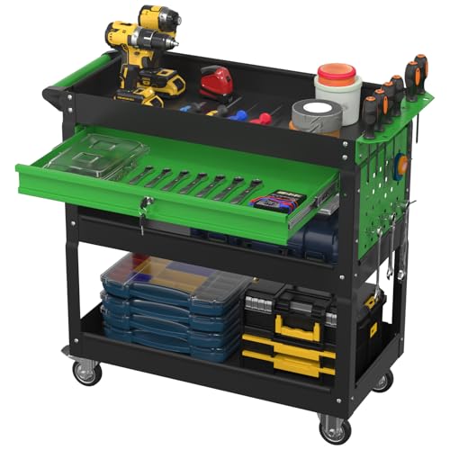 3 Tier Rolling Tool Cart with Drawer, 450 LBS Heavy Duty Utility Cart on Wheels, Service Cart for Garage, Workshop and Warehouse (Black&Green) - color: Black&green