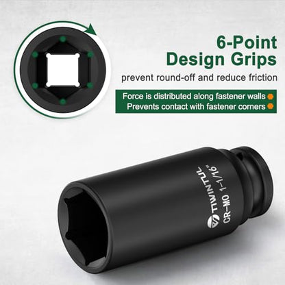 1-1/16" Deep Impact Socket 1/2 Inch Drive for Heavy Vehicles | CR-MO Steel Impact Socket, 3.07" Length, 6 Point Design, SAE Size, Axle Nut Socket for Easy Removal of Axle Shaft Nuts - size: 1-1/16" (Deep)
