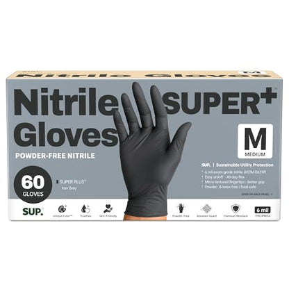 SUPER+ Black Nitrile Gloves HEAVY DUTY 6 Mil Disposable Chemical Resistant Powder & Latex Free Medical Food Safe, 60/600 Ct - color: Medium (Iron Grey)