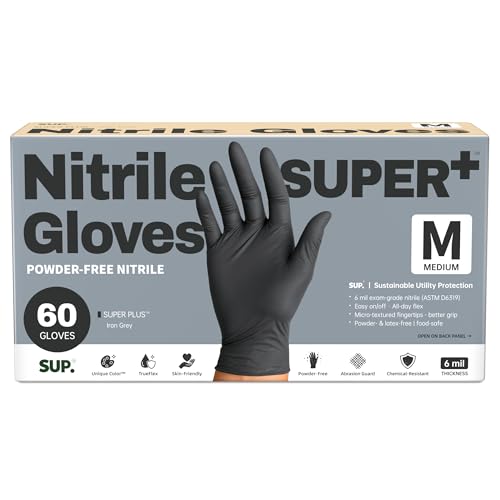 SUPER+ Black Nitrile Gloves HEAVY DUTY 6 Mil Disposable Chemical Resistant Powder & Latex Free Medical Food Safe, 60/600 Ct - color: Medium (Iron Grey)