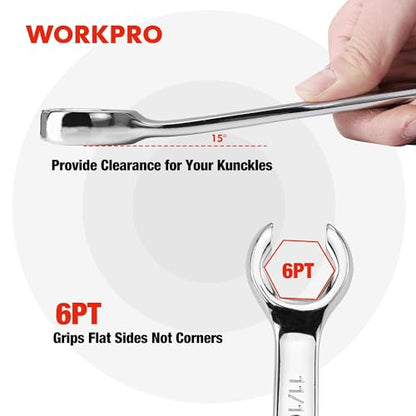 WORKPRO 4-Piece Flare Nut Wrench Set, SAE Brake Line Wrenches, 1/4", 5/16", 3/8", 7/16", 1/2", 9/16", 5/8", 11/16", Cr-V Steel, 15° Offset Head Tubing Wrench, Organizer Pouch Included - size: SAE