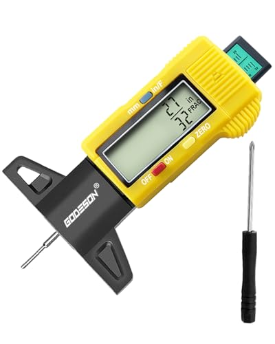 GODESON Yellow Digital Tire Tread Depth Gauge - 3 Modes (32NDS/Decimal Inch/mm), Accuray Zeroable Tread Gauge - Large LCD Display, Professional Tire Depth Measuring Tool for Cars, Motorcycles & Vans - color: Yellow