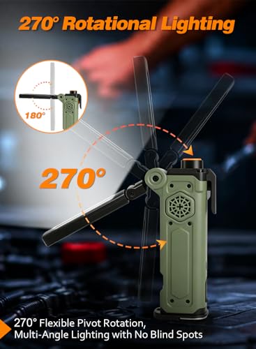 Rechargeable LED Work Light, 5000mAh Magnetic Flashlight with Stepless Dimming, SOS Red Strobe & Loud Alarm, Rotatable & Foldable Mechanic Light for Car Repair, Camping & Emergency (1 Pack Green) - color: Green
