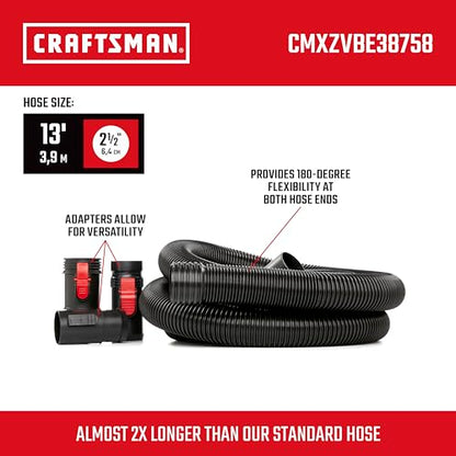 CRAFTSMAN CMXZVBE38758 2-1/2 in. x 13 ft. POS-I-LOCK Wet Dry Vacuum Hose | Industrial-Grade Shop Vacuum Hose Attachment Kit, Fits Most CRAFTSMAN Wet/Dry Vacuums with a 2-1/2 in. Diameter Inlet - style: 2-1/2 in. by 13 ft.