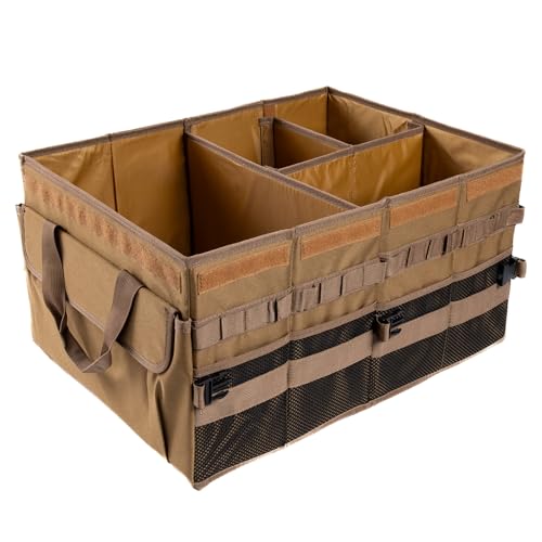 Large 70L SUV Trunk Organizer, Trunk Organizer With Lid, Foldable Cargo Storage Box, Brown, 4-Compartments With Handle,Universal for Car Sedan Truck Camping Grocery Shopping Travel