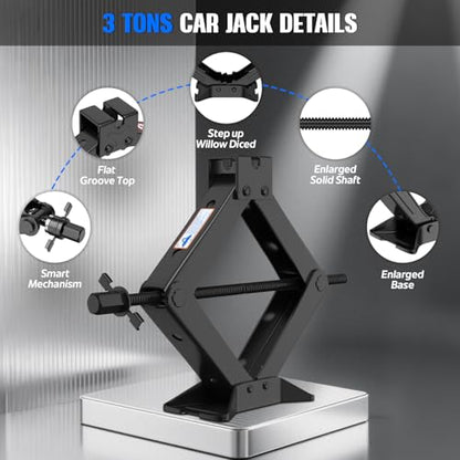 Car Jack Kit, 3 Ton (6614 lbs) Scissor Jack for Car, SUV, MPV | Alloy Steel Heavy Duty Scissor Car Jack, Portable Garage Tire Change Repair Tool, Outdoor Car Emergency Kit - size: 3T