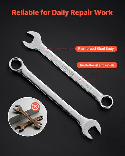 VEVOR Combination Wrench Set, 44-Piece SAE and Metric, 12-Point Box End and 15° Angled Open End Combination Wrenches with Roll Up Pouch, Carbon Steel, for General Household and Automotive Repairs - size: 44PCS (Metric&SAE), style: Regular