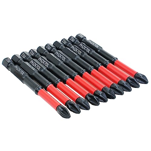 10 Pack PH2 Magnetic Anti-Slip Impact Driver Bits, 2-3/4 Inch | Long Phillips Bit with Anti-Slip Tip, Strong Magnetic Holding Impact-rated Durability Phillips #2 Bits for Impact Driver - size: Length:70mm